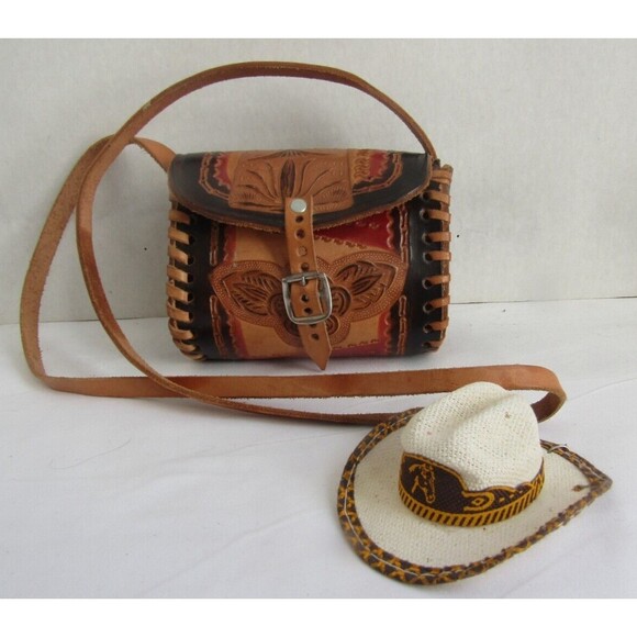 Western Crossbody Mini Brown Tooled Leather Purse with Miniature Hat - Picture 1 of 7